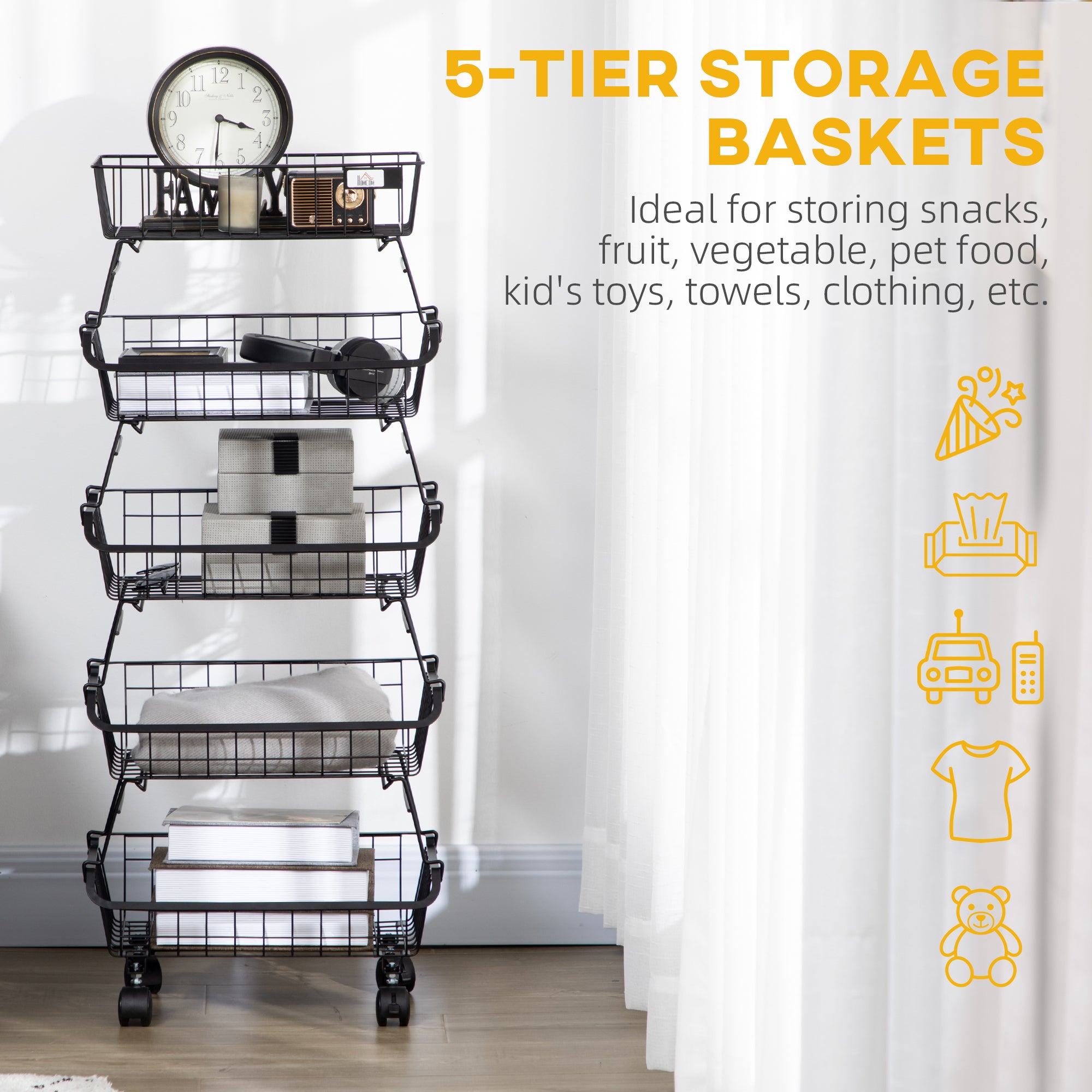 HOMCOM 5 Tier Storage Trolley, Stackable Fruit Vegetable Cart for Kitchen, Living Room, 40 x 2 x 97 cm, Black 