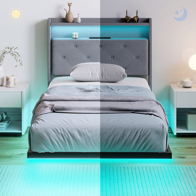 HOMCOM Floating Bed Frame, Upholstered 3ft Single Size Bed, Platform Bed with RGB LED Lights and Charging Station, Grey 