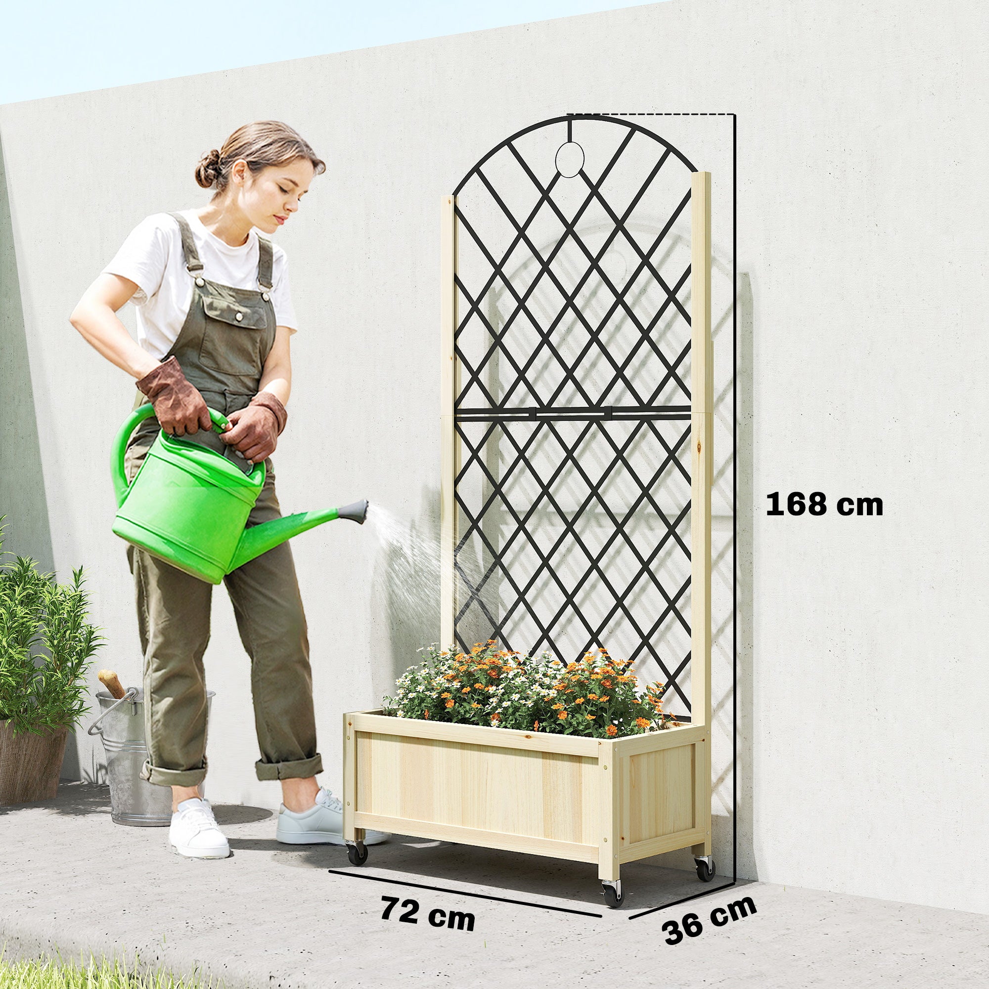 Outsunny Raised Garden Bed with Metal Trellis, Wooden Elevated Planter Box with Lockable Wheels, Outdoor Raised Planter, Natural 