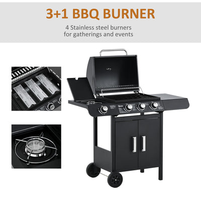 Outsunny 3+1 Burner Gas BBQ Grill, Outdoor Barbecue Trolley with Wheels, Warming Rack, Side Shelves, Cabinet, Thermometer for Garden, Party, Camping, 110L x 50W x 100Hcm, Black 