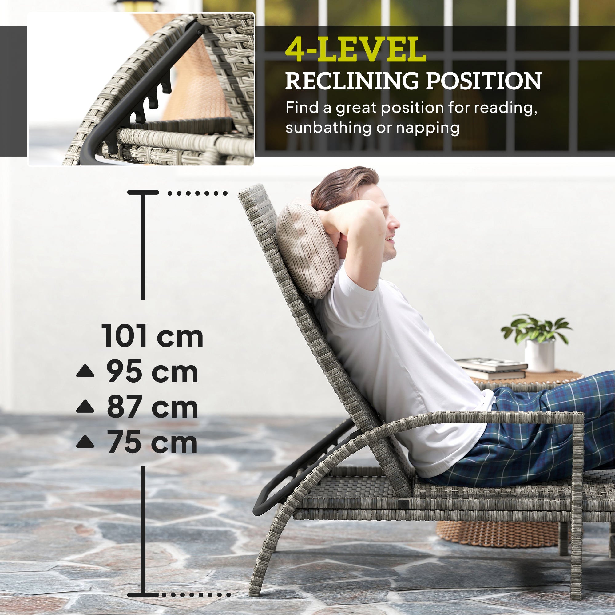 Outsunny PE Rattan Sun Lounger with Adjustable Backrest - Mixed-grey