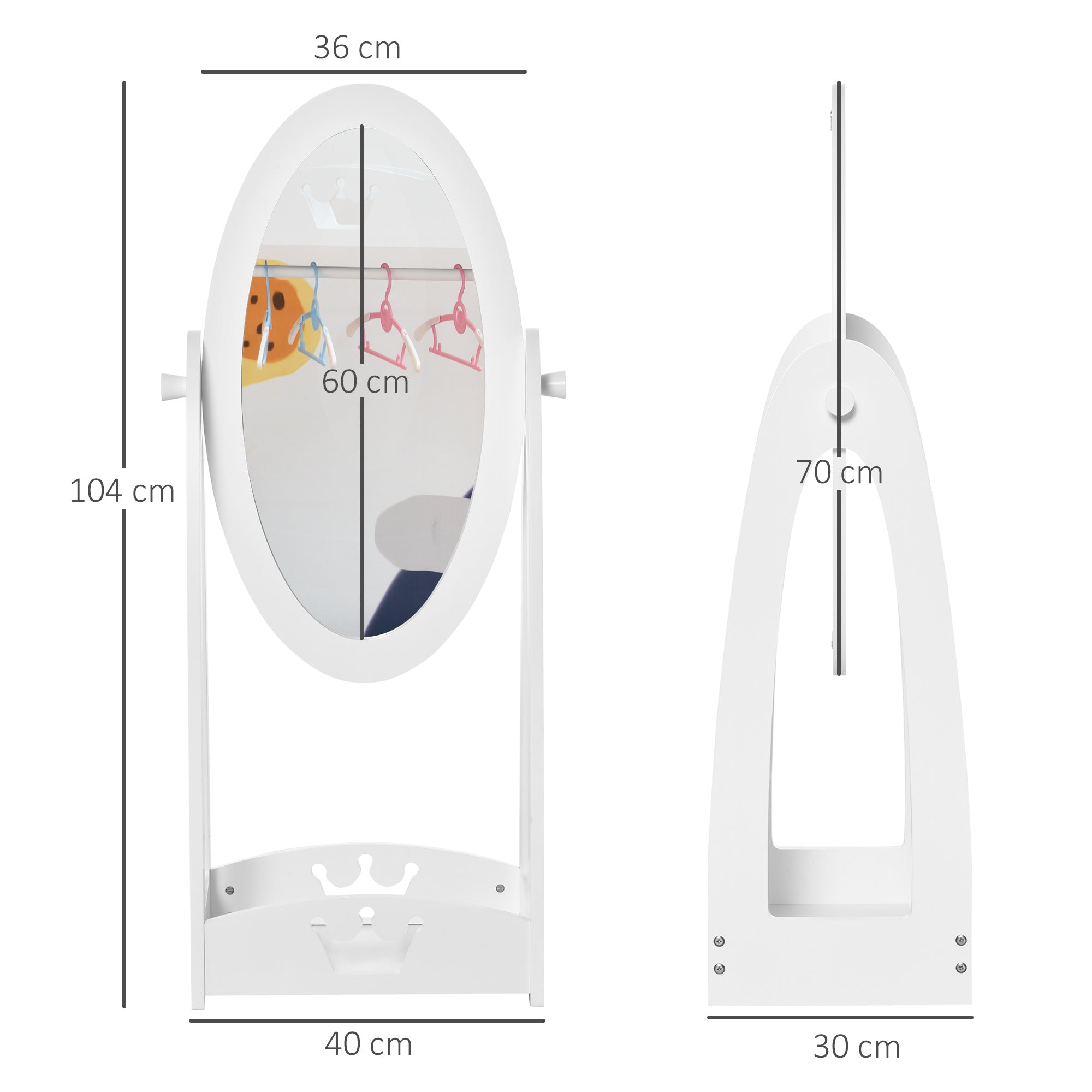 HOMCOM Free Standing Full Length Mirror, Child's Dressing Mirror with storage shelf, Children's White Bedroom Furniture 360° Rotation MDF, For 3- 8 Years Old, 40L x 30W x 104H cm 