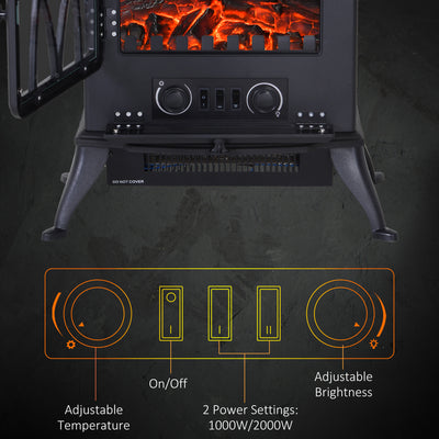 HOMCOM Electric Stove Heater with Realistic Flame Effect, 2000W Portable Indoor Freestanding Electric Fireplace with Adjustable Thermostat, Black 