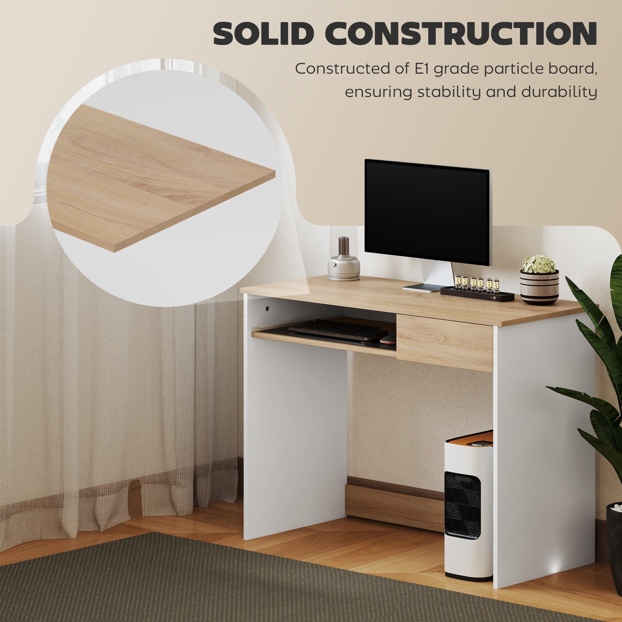 HOMCOM Compact Computer Desk with Keyboard Tray, Home Office Desk with Drawer for Bedroom Study, Oak 