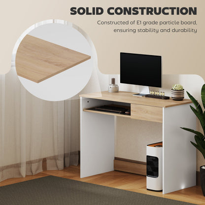 HOMCOM Compact Computer Desk with Keyboard Tray, Home Office Desk with Drawer for Bedroom Study, Oak 