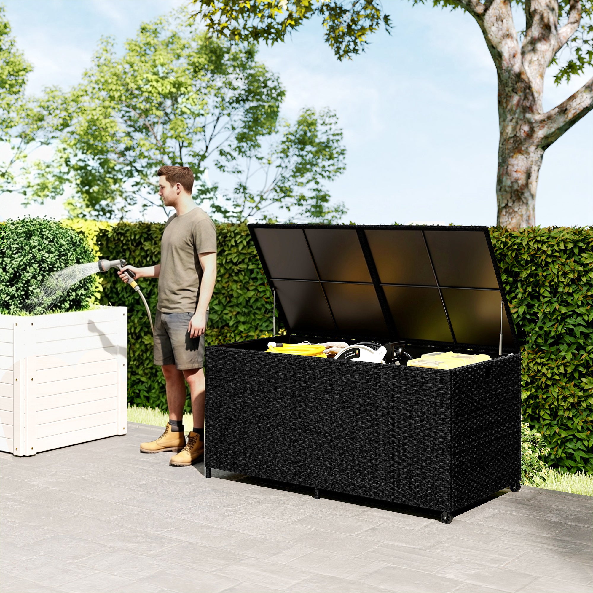 Outsunny 650L Garden Storage Box with 2 Wheels, Rattan Deck Box with Waterproof Zipped Liner, Safe Pneumatic Rods, Black 