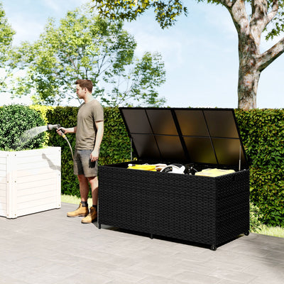 Outsunny 650L Garden Storage Box with 2 Wheels, Rattan Deck Box with Waterproof Zipped Liner, Safe Pneumatic Rods, Black 