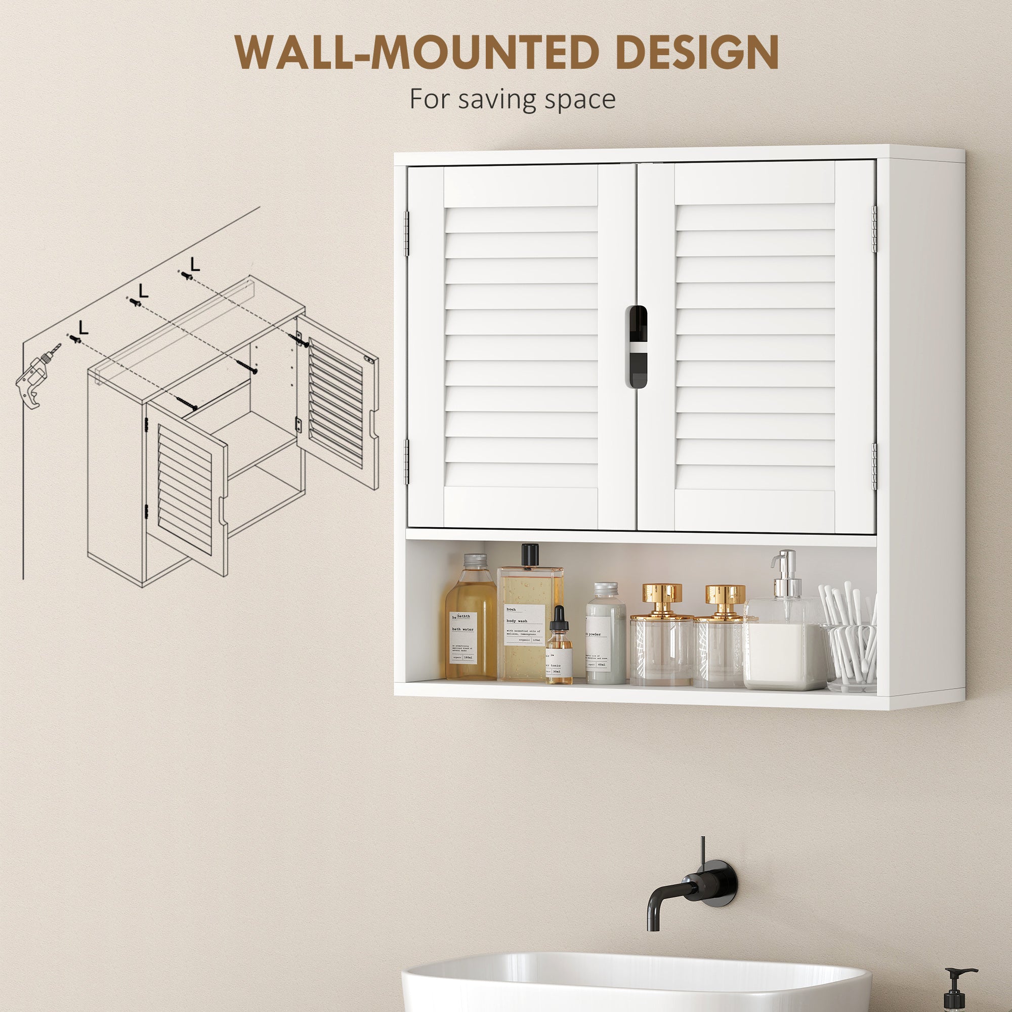 HOMCOM Bathroom Cabinet, Wall Mounted Storage Cabinet with Adjustable Shelves, 60 x 20 x 60 cm, White 