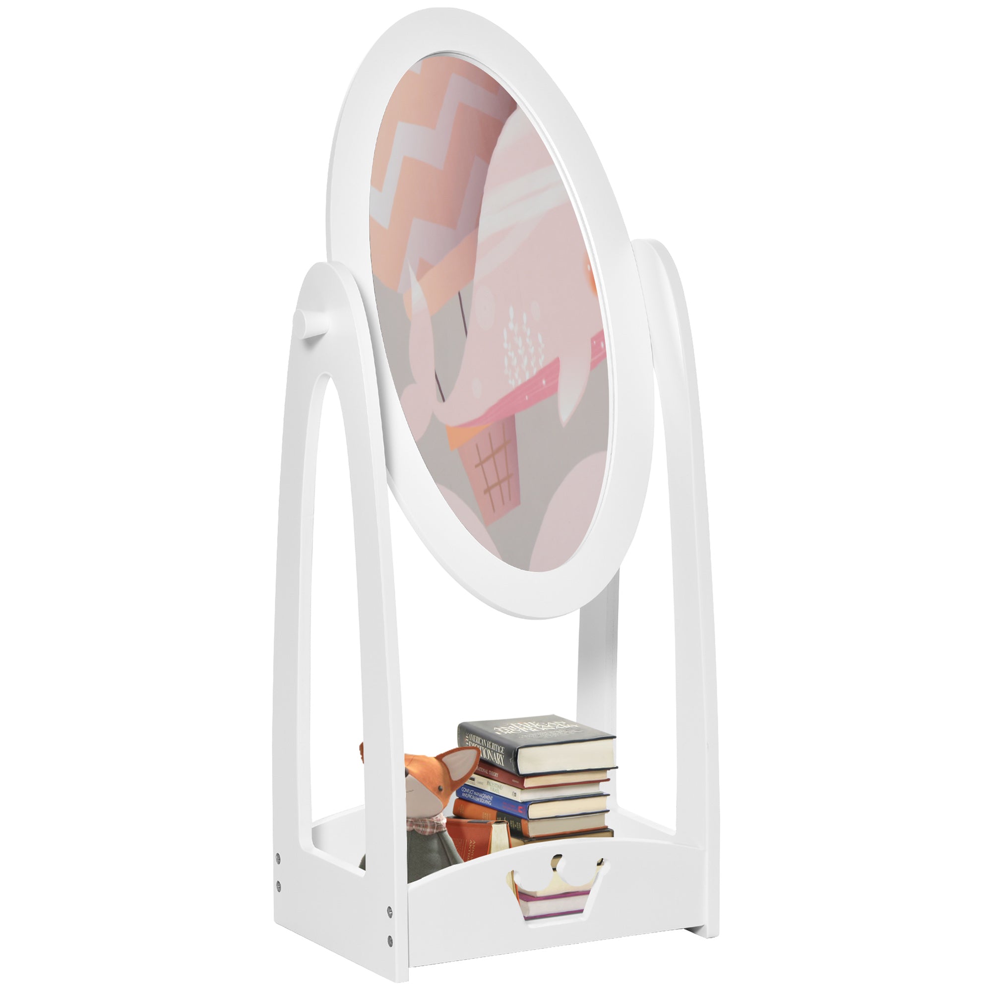 HOMCOM Free Standing Full Length Mirror, Child's Dressing Mirror with storage shelf, Children's White Bedroom Furniture 360° Rotation MDF, For 3- 8 Years Old, 40L x 30W x 104H cm 