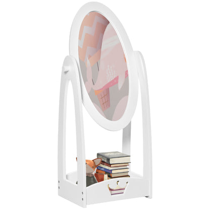 HOMCOM Free Standing Full Length Mirror, Child's Dressing Mirror with storage shelf, Children's White Bedroom Furniture 360° Rotation MDF, For 3- 8 Years Old, 40L x 30W x 104H cm 