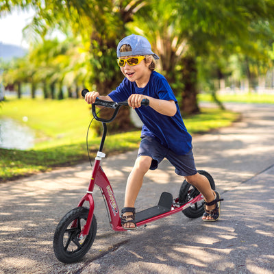 HOMCOM Kids Scooter Kick Scooter with 12" EVA Tyres, Rear Brake, Big Wheels Scooter for 5-12 Years Old, Red 