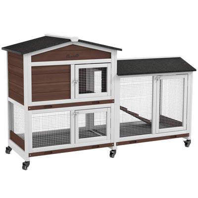 PawHut Wooden Two-Tier Pet Hutch with Wheels, Run - Brown 