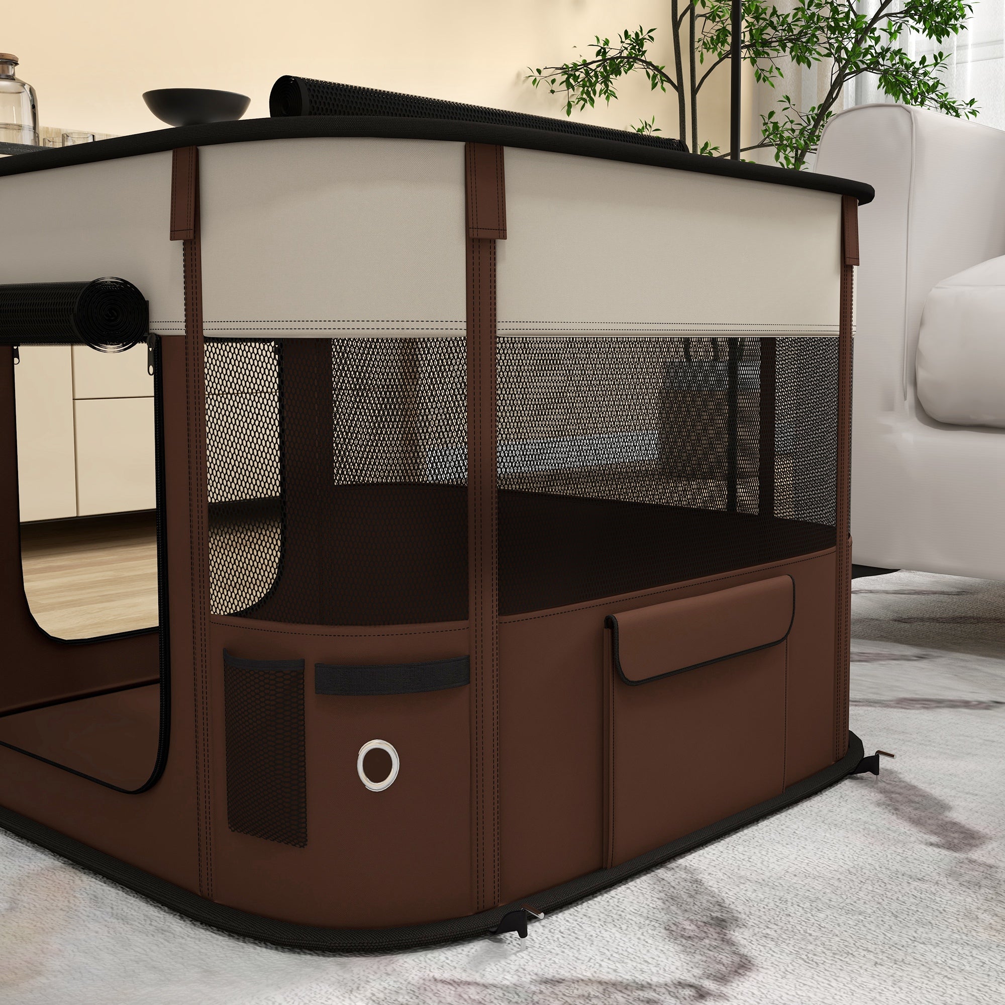 PawHut Foldable Dog Pen with Storage Bag for Indoor/Outdoor Use, Portable Pet playpen, with Ground Stakes - Brown 