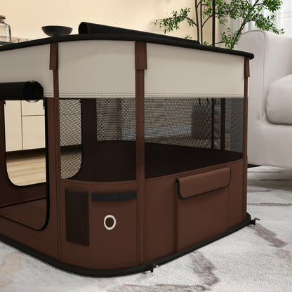 PawHut Foldable Dog Pen with Storage Bag for Indoor/Outdoor Use, Portable Pet playpen, with Ground Stakes - Brown 