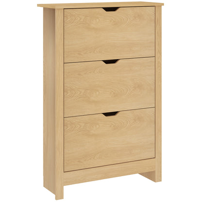 HOMCOM Slim Shoe Cabinet, Narrow Shoe Cupboard with 3 Drawers, Adjustable Shelves for 18 Pairs of Shoes, Natural Wood Finish 