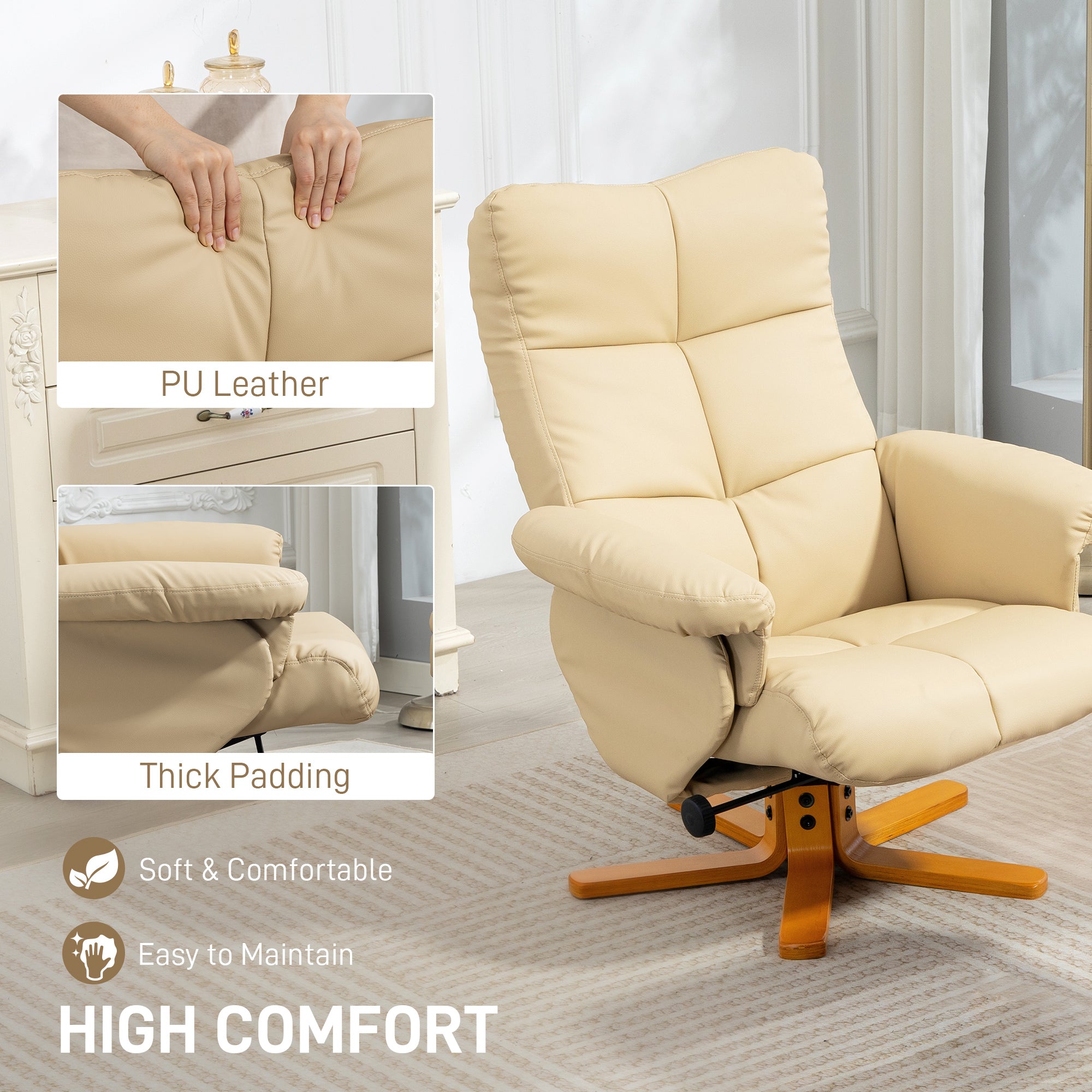 HOMCOM PU Leather Swivel Recliner Chair with Footstool, Wooden Base and Storage for Living Room, Beige 