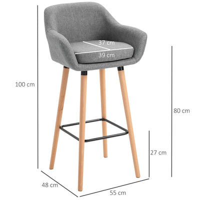HOMCOM Set of 2 Bar Stools Modern Upholstered Seat Bar Chairs w/ Metal Frame, Solid Wood Legs Living Room Dining Room Fabric Furniture - Grey 