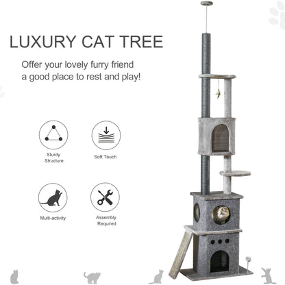 PawHut 255cm Floor To Ceiling Cat Tree for Indoor Cats Climber Scratching Post Adjustable Height Play Tower Removable Cover Grey 