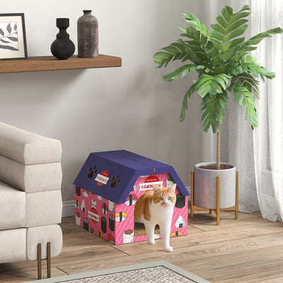 PawHut Cat Scratching Board, 2-in-1 Cardboard Cat House and Hideaway for Indoor Cats, Pink 