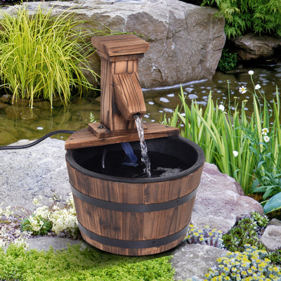 Outsunny Wood Barrel Patio Water Fountain Garden Decorative Ornament Water Feature with Electric Pump 