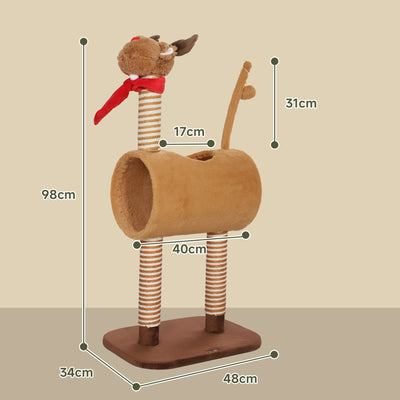 PawHut 98cm Deer-Designed Cat Tree with Scratching Posts, Toy Ball, Tunnel, Brown 