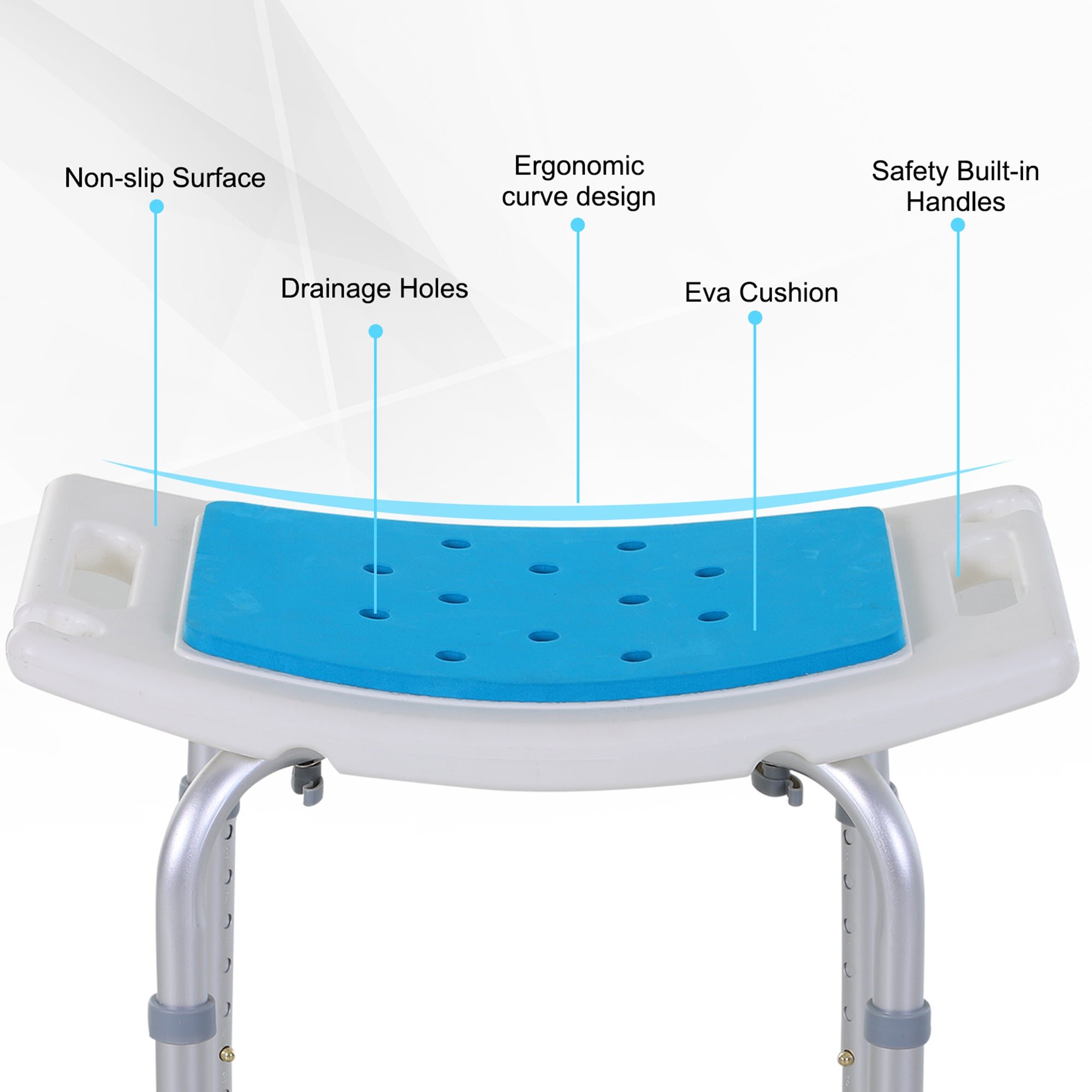 HOMCOM 6-Level Height Adjustable Aluminium Bath Room Stool Chair Shower Non-Slip Design w/ Padded Seat Drainage Holes Foot Pad, Blue 