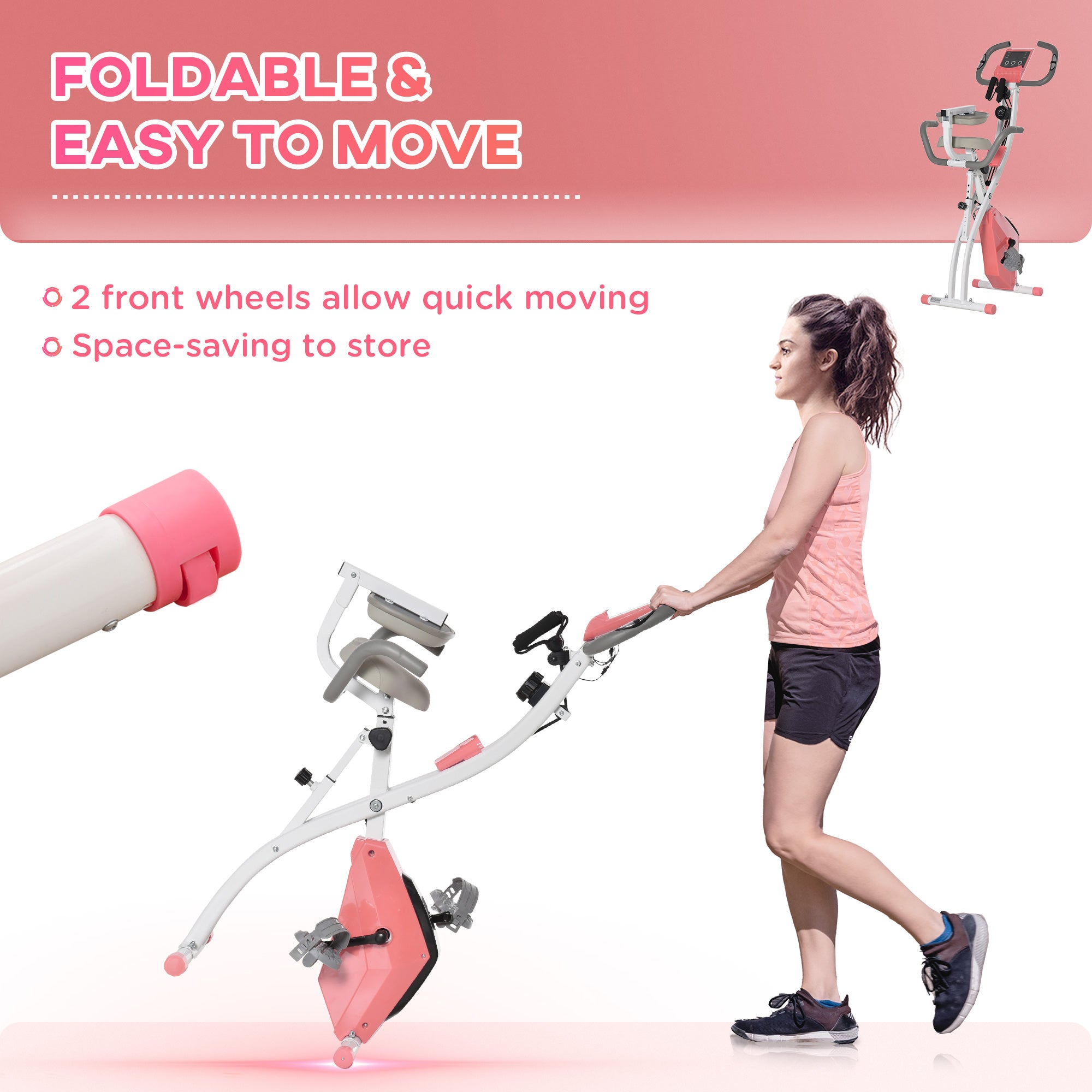 HOMCOM 2-in-1 Folding Exercise Bike with 8-Level Magnetic Resistance, Arm Resistance Band, Pulse Sensor, Pink 