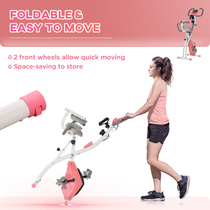 HOMCOM 2-in-1 Folding Exercise Bike with 8-Level Magnetic Resistance, Arm Resistance Band, Pulse Sensor, Pink 