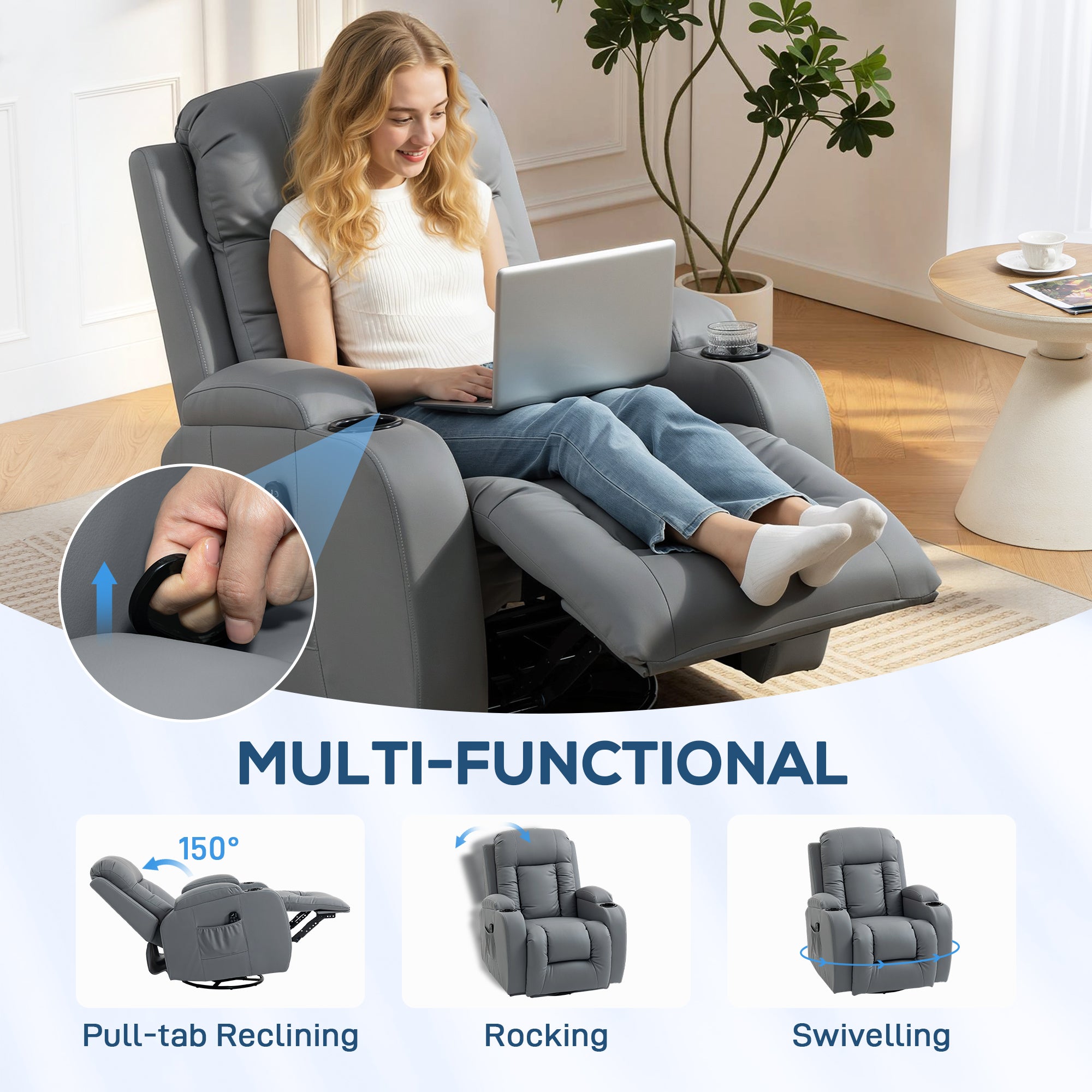 HOMCOM Massage Recliner Armchair, PU Leather Recliner Chair, Grey 