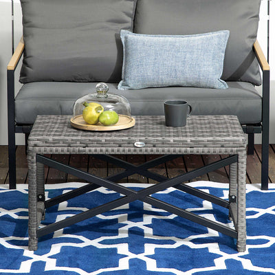 Outsunny Outdoor Coffee Table, Garden PE Rattan Side Table with Plastic Board Under the Full Woven Table Top and X-Shape Frame for Patio, Balcony, Mixed Grey 