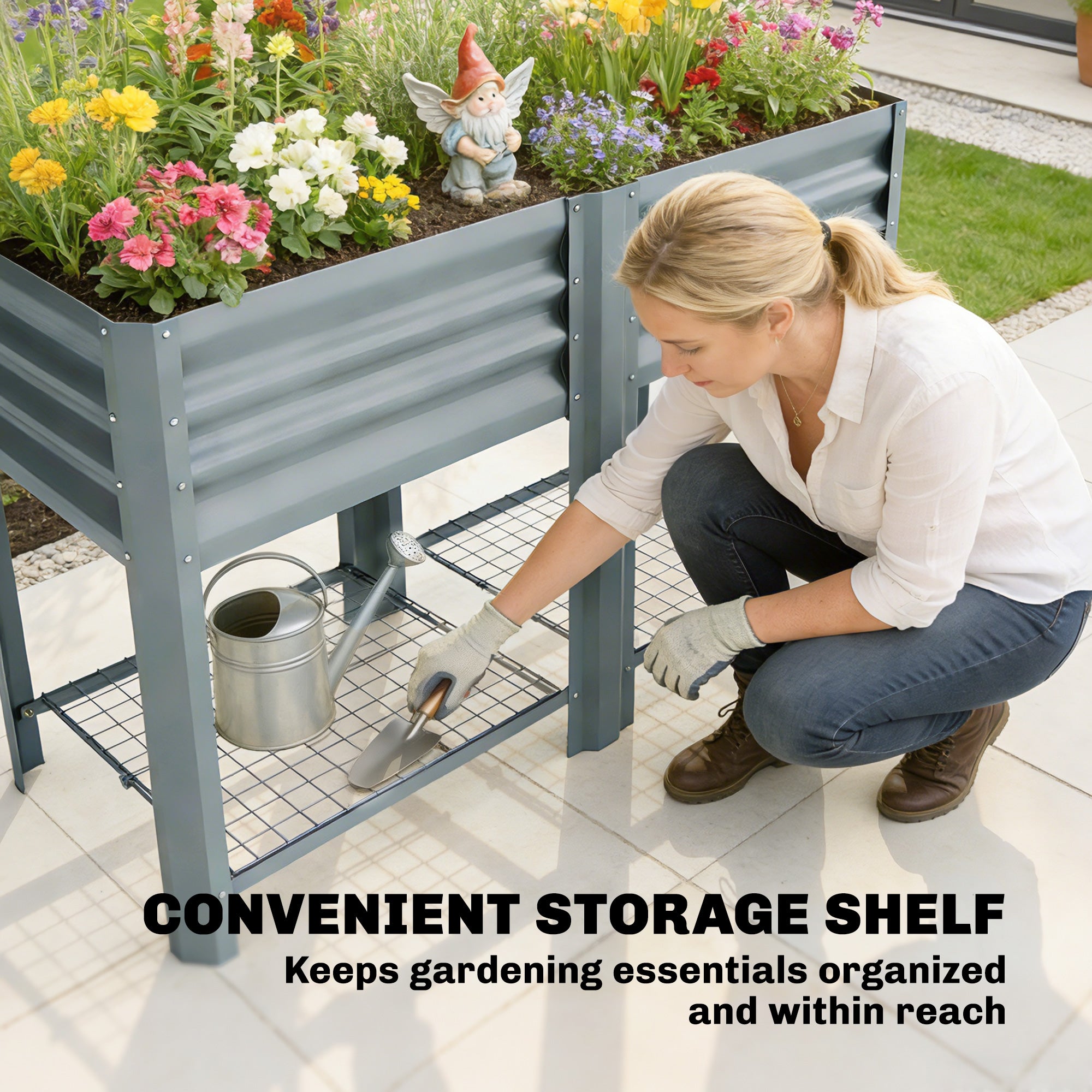 Outsunny Raised Garden Bed with Storage Shelf Steel Elevated Planter Box with Legs for Outdoor Vegetables Flowers 
