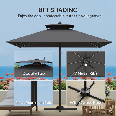 Outsunny 2.5m Cantilever Parasol with Solar Powered LED Lights, 360° Rotation, Tilt Adjustment, Crank Handle, Dark Grey 