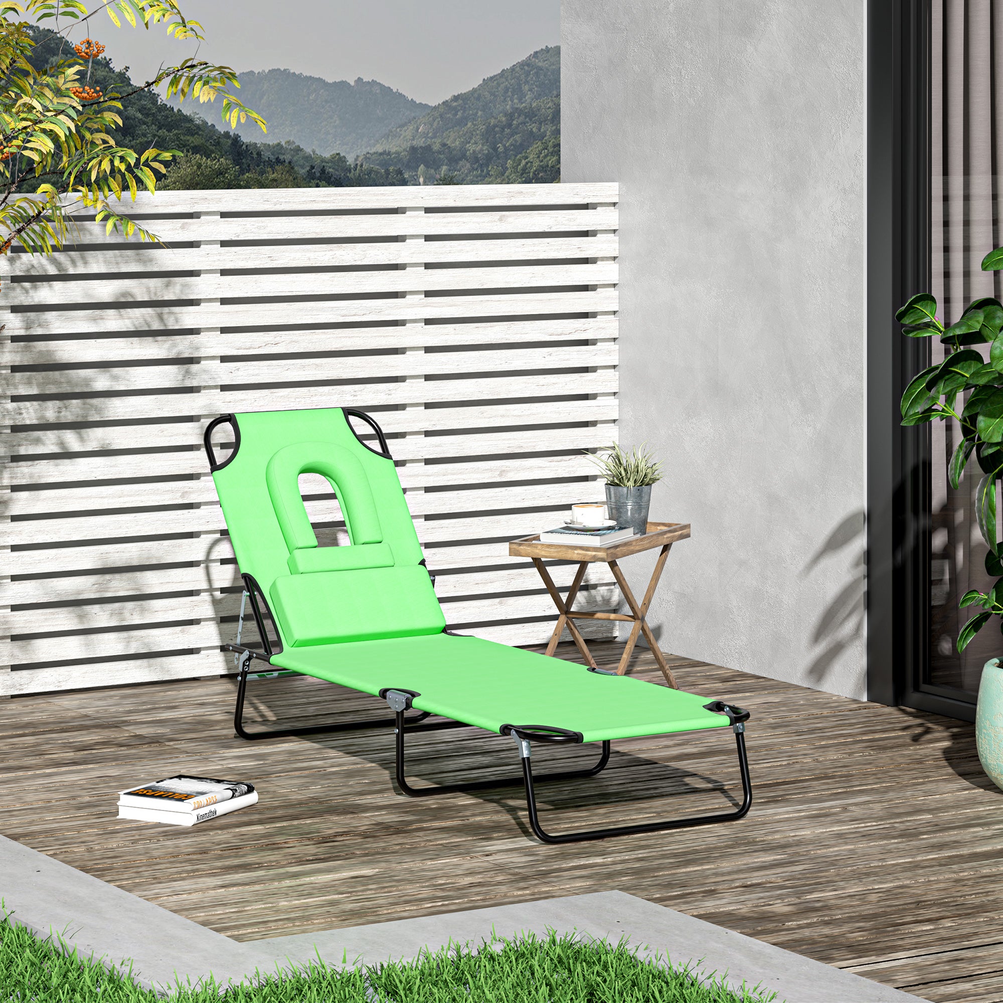 Outsunny Outdoor Foldable Sun Lounger, 4 Level Adjustable Backrest Reclining Sun Lounger Chair with Pillow and Reading Hole, Green 