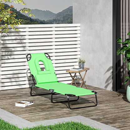 Outsunny Outdoor Foldable Sun Lounger, 4 Level Adjustable Backrest Reclining Sun Lounger Chair with Pillow and Reading Hole, Green 