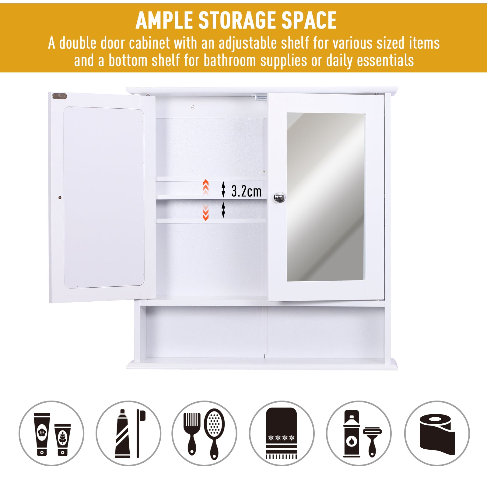 kleankin Wall-mounted Bathroom Cabinet Mirror Door Organiser Storage Shelves Living Room White 