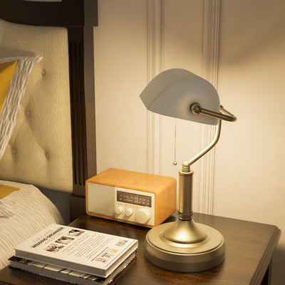 HOMCOM Banker's Desk Lamp with Antique Bronze Tone Base, Table Lamp with White Glass Shade for Home Office, White 