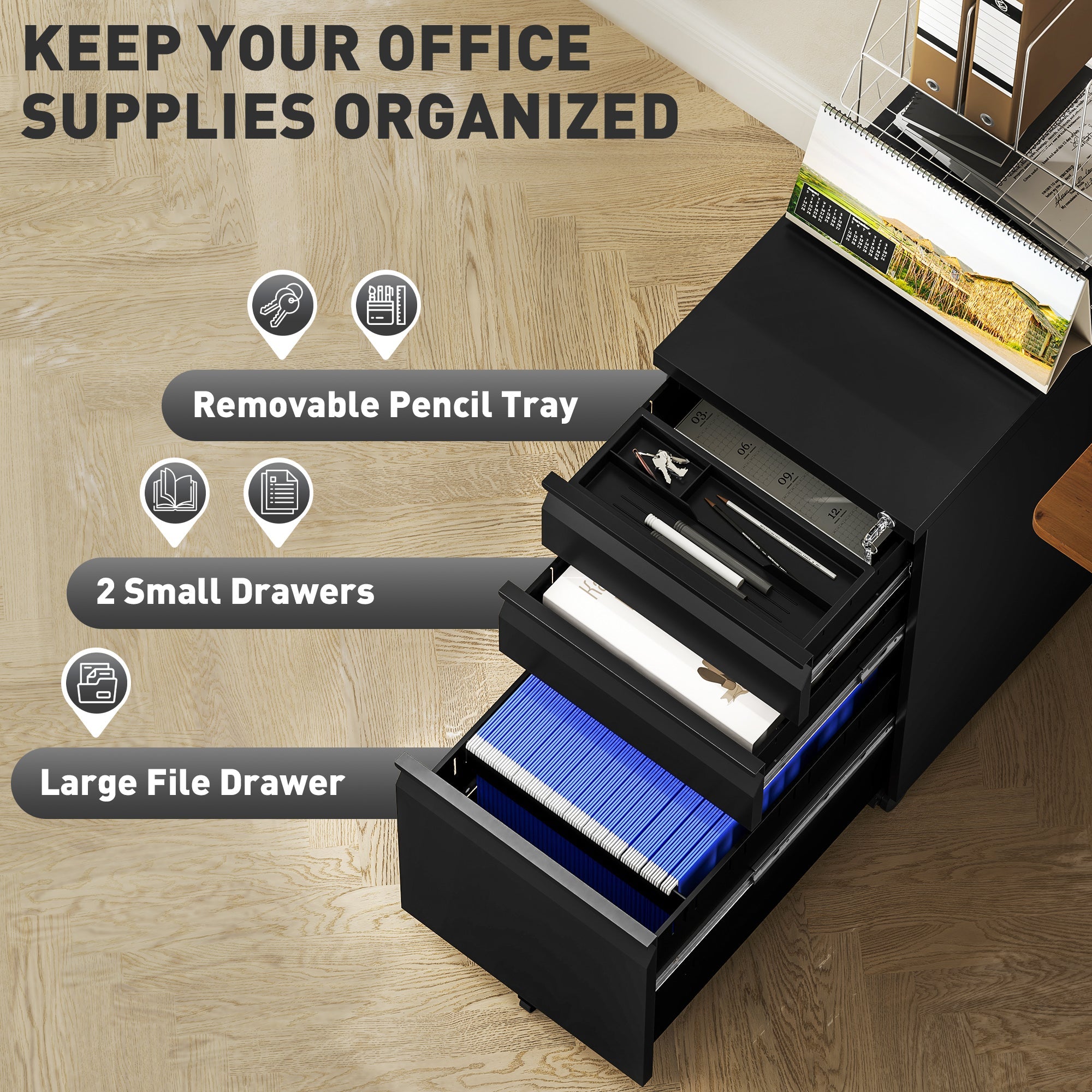 Vinsetto 3-Drawer Steel Filing Cabinet with Lock and Wheels - Black 