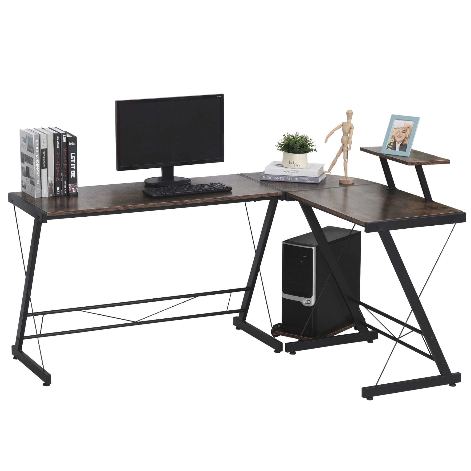 HOMCOM L Shaped Corner Desk, Gaming Desk, Computer Table with Monitor Stand and CPU Stand, Study Workstation for Home Office, 155 x 115 x 91.5cm, Rustic Brown and Black 
