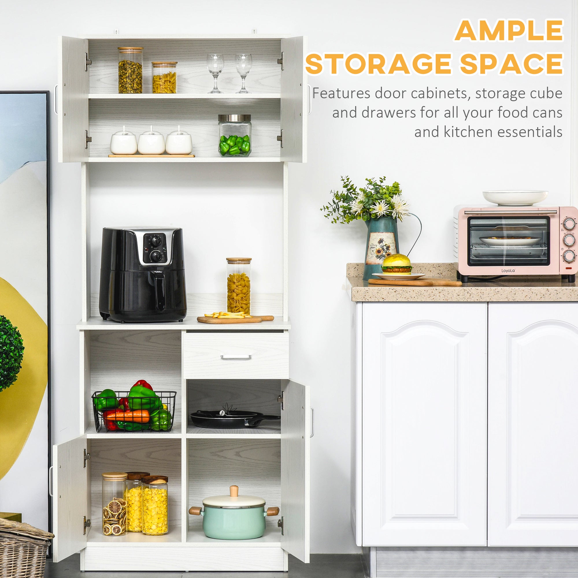 HOMCOM Freestanding Kitchen Cupboard, Modern Kitchen Storage Cabinet with Doors, Microwave Counter and Adjustable Shelves, White 