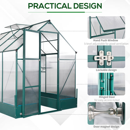 Outsunny 6x8 FT Polycarbonate Greenhouse with Base and Raised Bed, Walk-in Greenhouse with Aluminium Frame, Temperature Controlled Window, Foundation for Plants, Flowers, Vegetable 