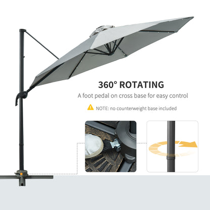 Outsunny 3(m) LED Cantilever Parasol Garden Sun Umbrella w/ Cross Base and Solar Lights Grey 