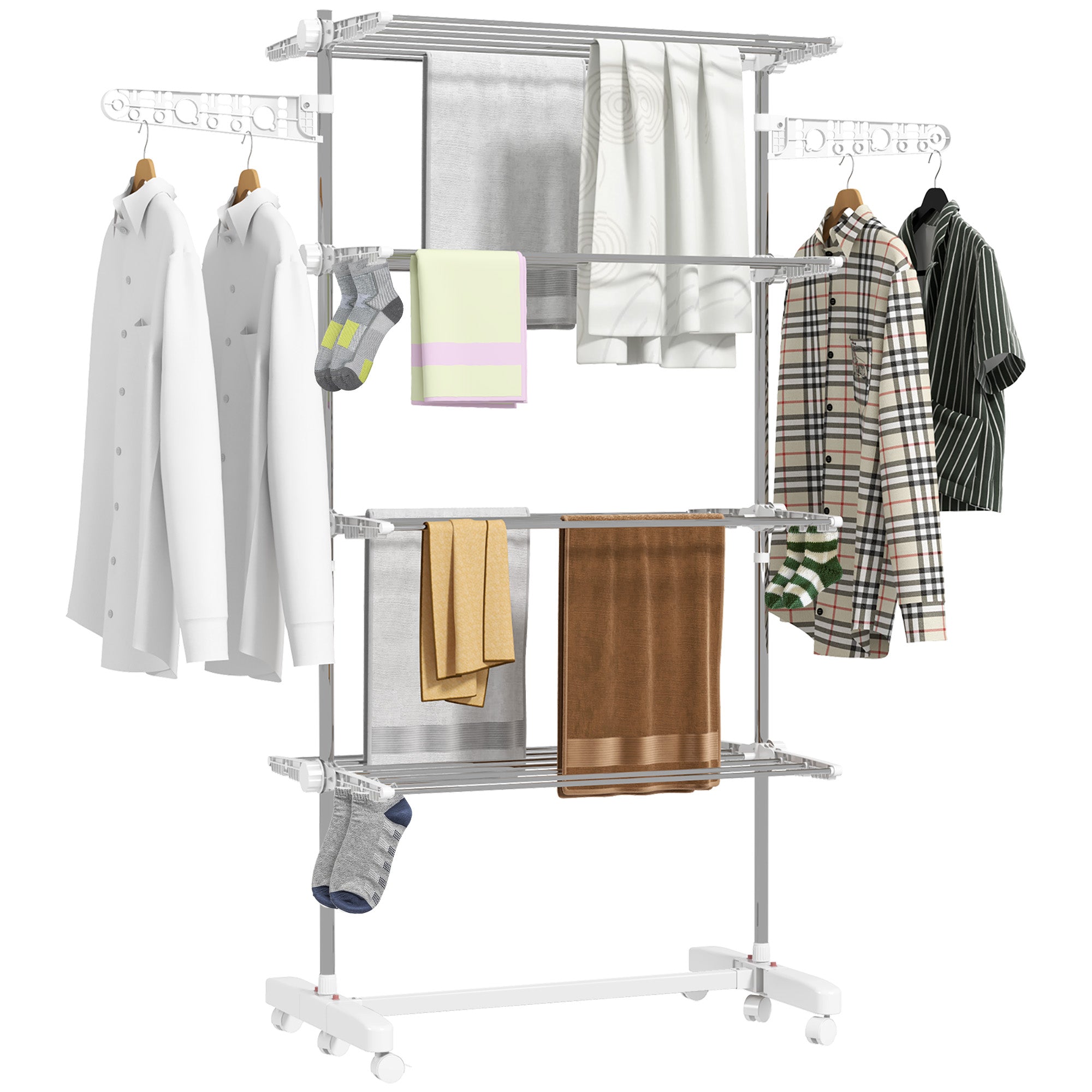 HOMCOM Four-Shelf Collapsing Clothes Horse, With Side Arms and Wheels - White 