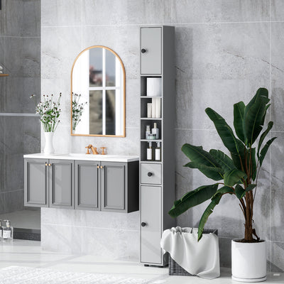 kleankin 180cm Slim Bathroom Cabinet, with Drawer, Shelves and Cupboards - Grey 