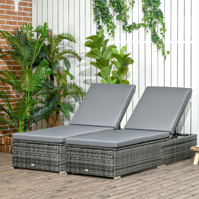 Outsunny PE Rattan Sun Loungers set of 2 with Cushion, Outdoor 2 Pieces Garden Sunbed Furniture with 5-Level Recliner Backrest, Reclining Patio Wicker Bed Chair, Grey 