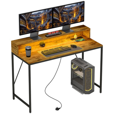 HOMCOM 120cm Computer Desk with LED Lights and Power Outlets, Gaming Desk with Monitor Stand, Computer Table with Remote for Home Office Study, Rustic Brown 