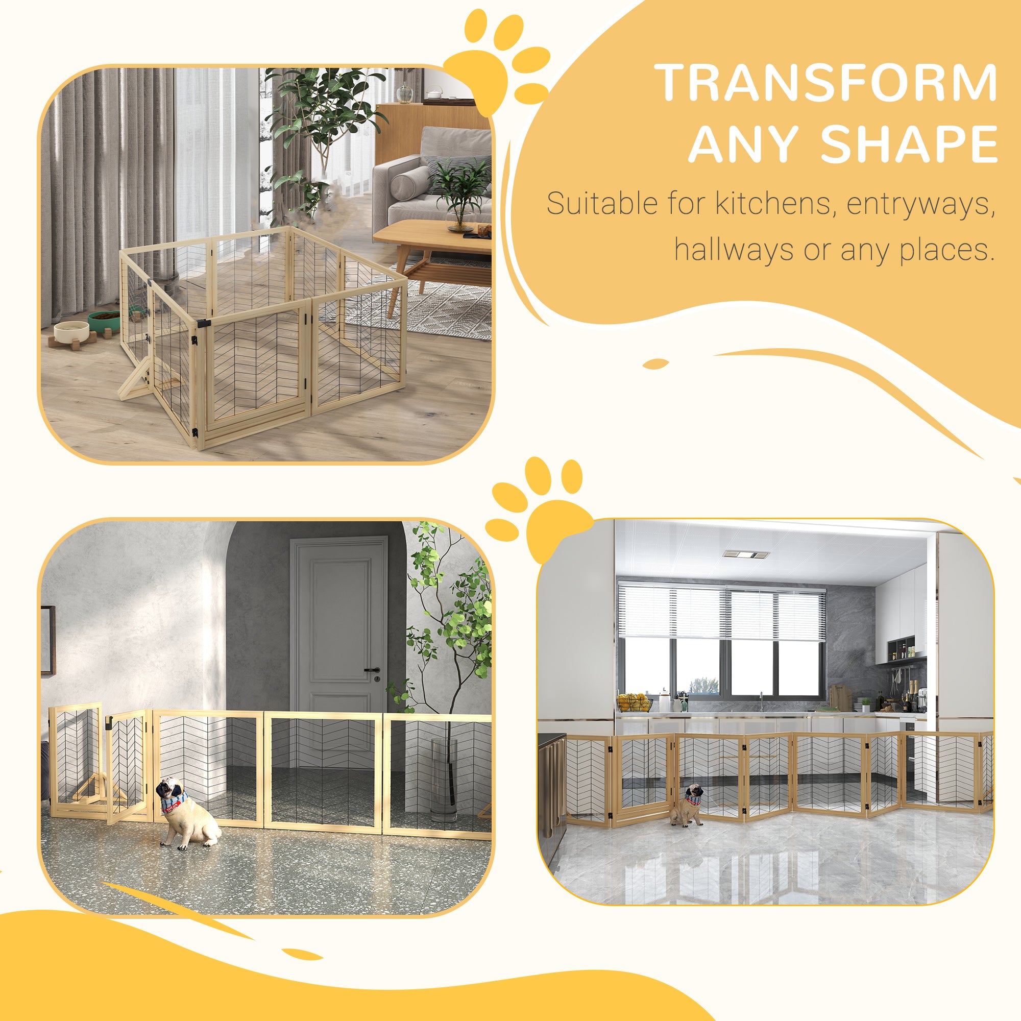 PawHut 8 Panels Foldable Pet Gate with Support Feet, for House, Doorway, Stairs, Small and Medium Dogs - Natural Wood 