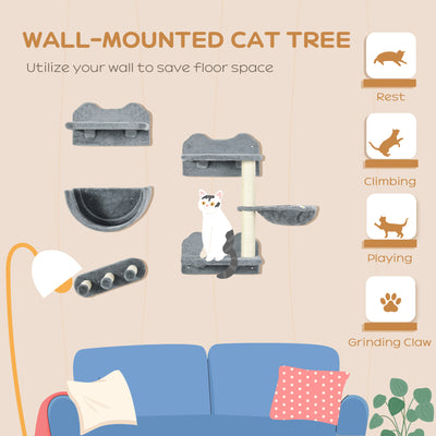 PawHut 4PCs Wall-Mounted Cat Shelves w/ Scratching Post, Hammock, Nest - Grey 