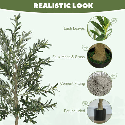 HOMCOM 6ft/ 180cm Decorative Artificial Plant, Silk Olive Tree with 900 Leaves and 40 Olive Fruits in Pot, Fake Plant for Home, Office, Living Room, Indoor Decor