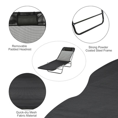 Outsunny Outdoor Foldable Sun Lounger, Adjustable Backrest Garden Recliner Sun Lounger Chair with Headrest Pillow, Black 