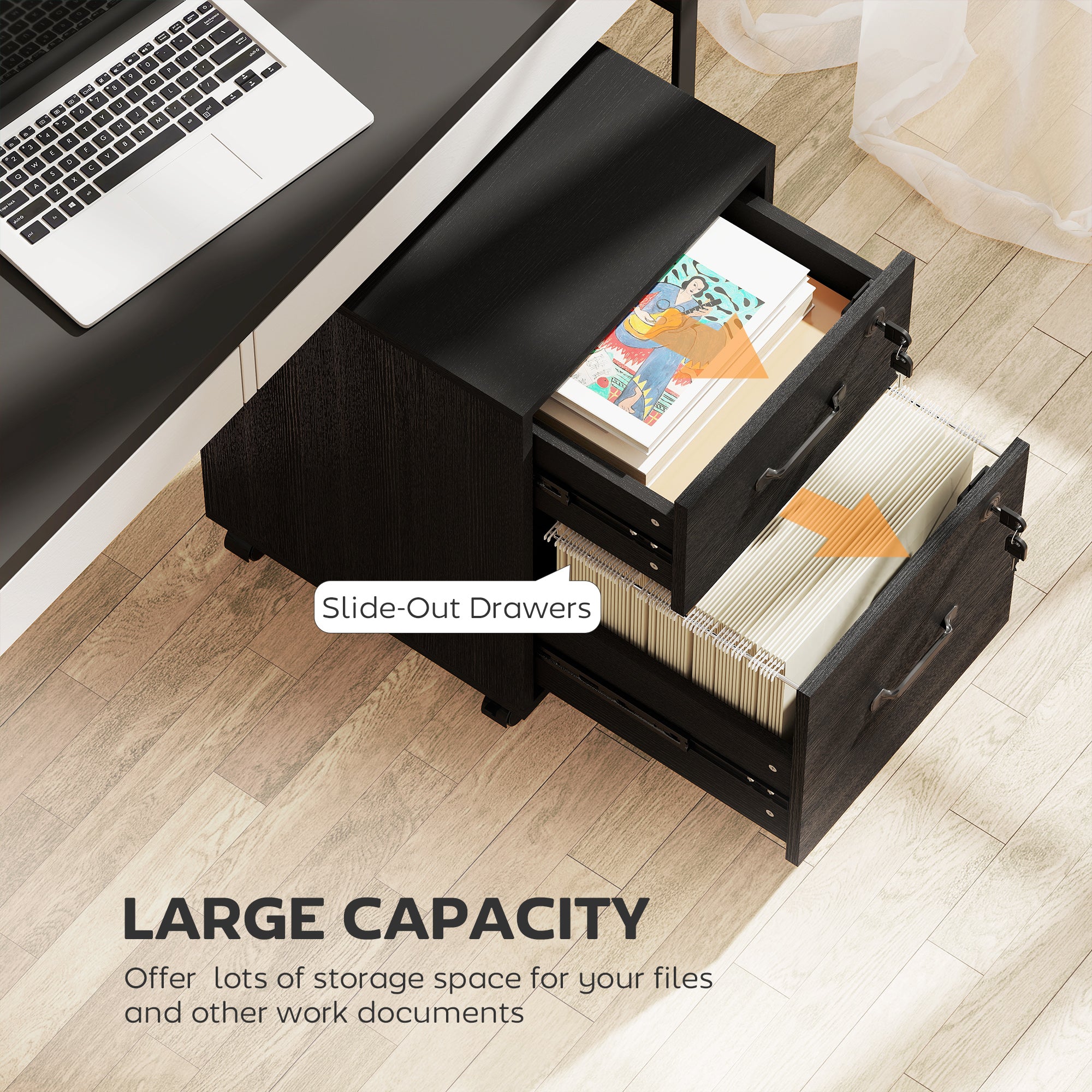 HOMCOM Rolling File Cabinet with 2 Drawers, Mobile Filing Cabinet with Hanging File Folder for Letter Sized Documents, Black 